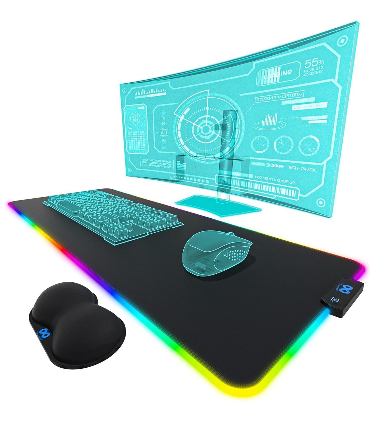 Everlasting Comfort RGB Mauspad Gaming Unterlage mit LED-Beleuchtung, Handgelenkstütze und Farbwechselmodus großes Mouse-Pad 80x30cm Gaming Zubehör Schwarz