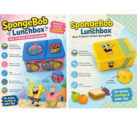 SpongeBob Schwammkopf Brotdose Brot-Aufbewahrungsbox ca. 1,4 Liter Lunchbox mit Patrick Star-Motiv in Rosa/Blau oder mit SpongeBob-Motiv Gelb