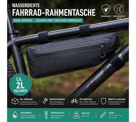 Wasserdichte Fahrrad-Rahmentasche mit verschweißten Nähten ca. 2 Liter Robuste Bikepacking Tasche für MTB, Trekking- & Rennrad A0001294 Schwarz