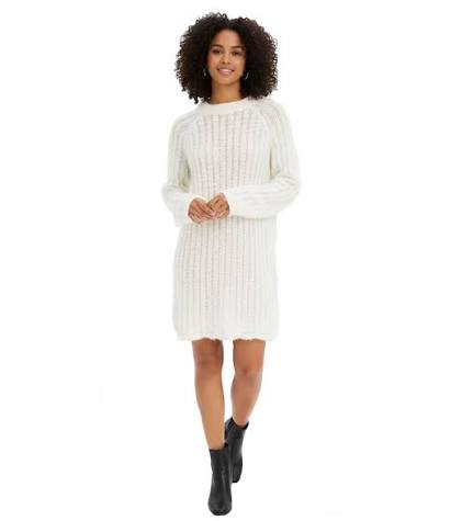 kuscheliges Damen Strick-Kleid mit Glockenärmeln Satin-Schleife und Pailletten Mini-Kleid 926762 Weiß